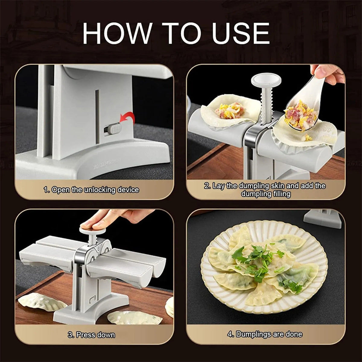 White double head dumpling mould manual press with 304 stainless steel and PP, anti-slip rubber mat, 0.46kg