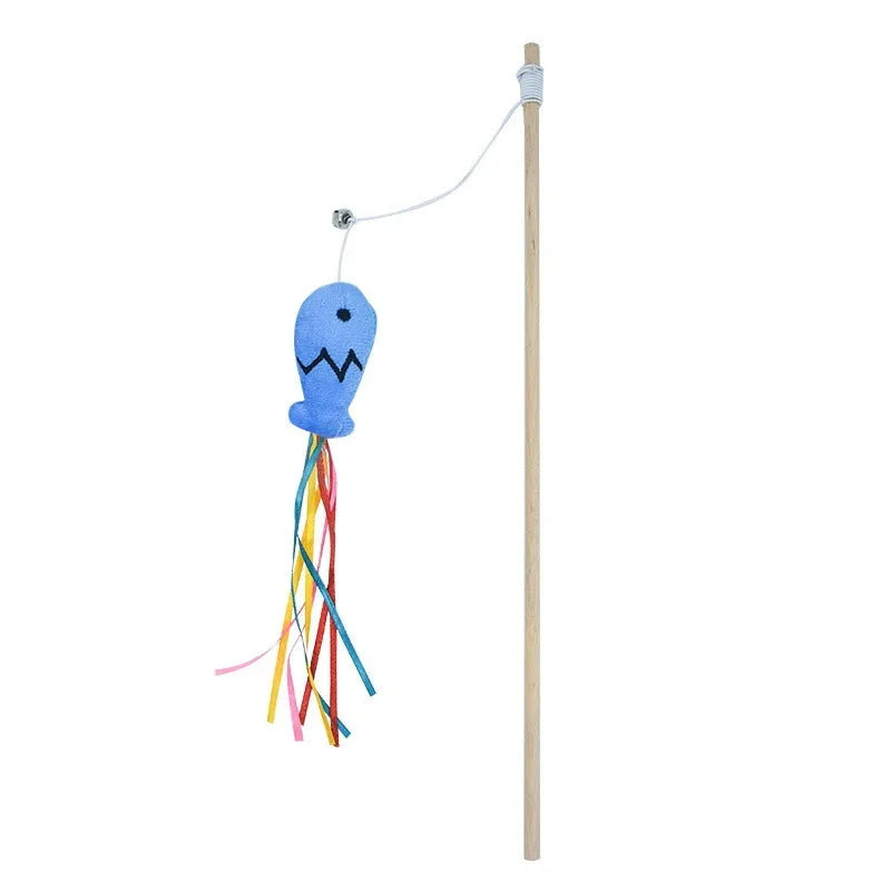 Colourful cat wand toy with ribbons, catnip fish, bell, and wooden handle.
