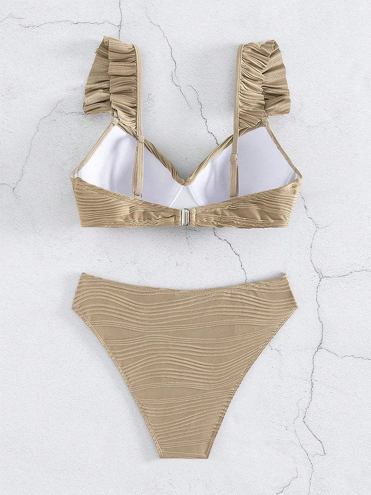 Women's solid colour bikini swimsuit in black or khaki, made from polyester.
