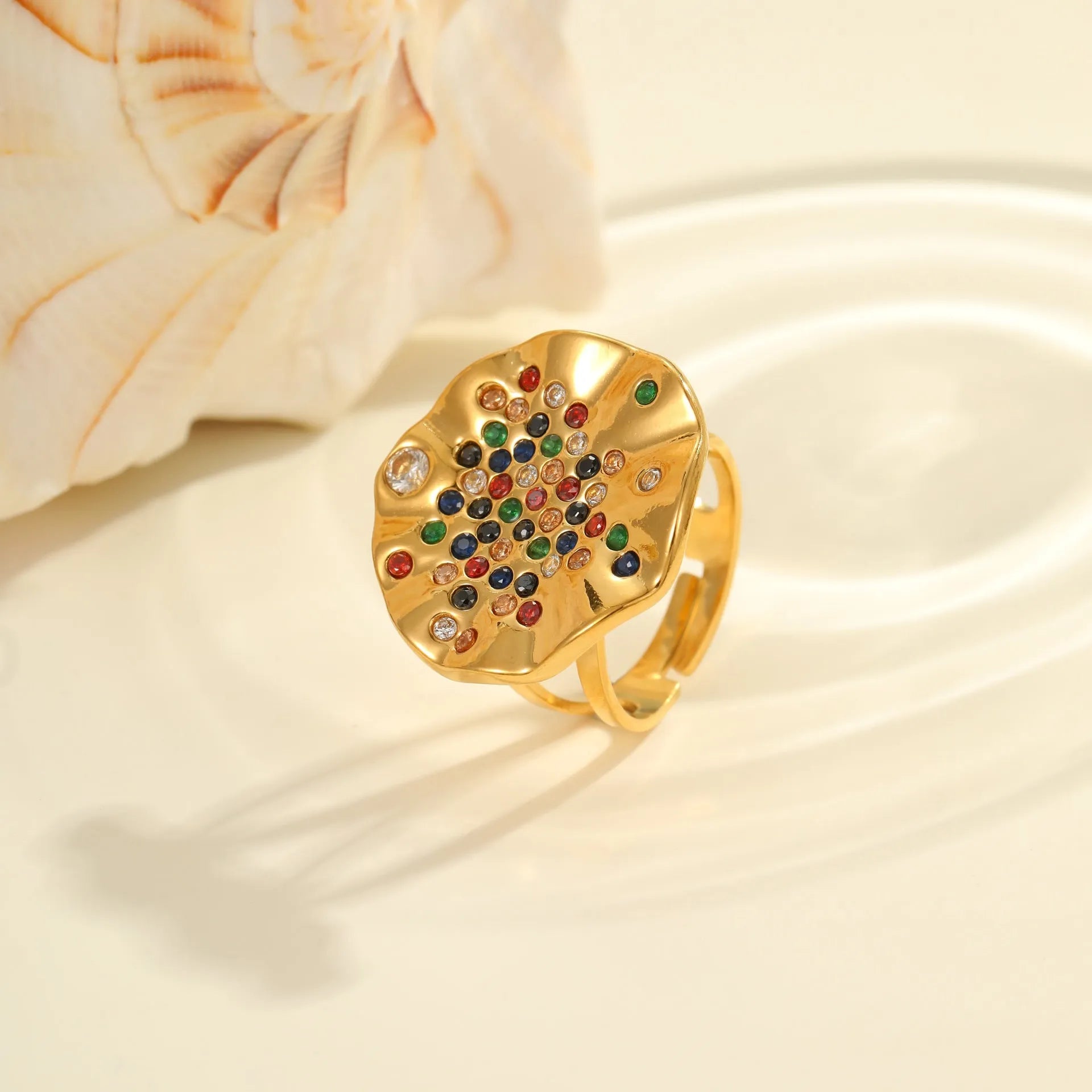 Titanium steel open mouth ring with pleated inlaid geometry design