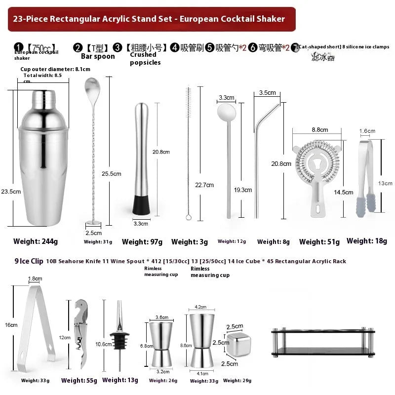 23-piece stainless steel and acrylic cocktail set with shaker, bar spoons, and strainers on a wooden bar.
