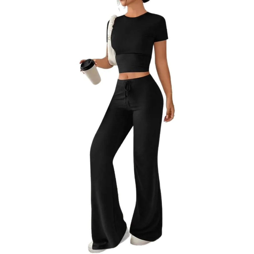 Black women's high waist trousers and regular sleeve short sleeve top matching set