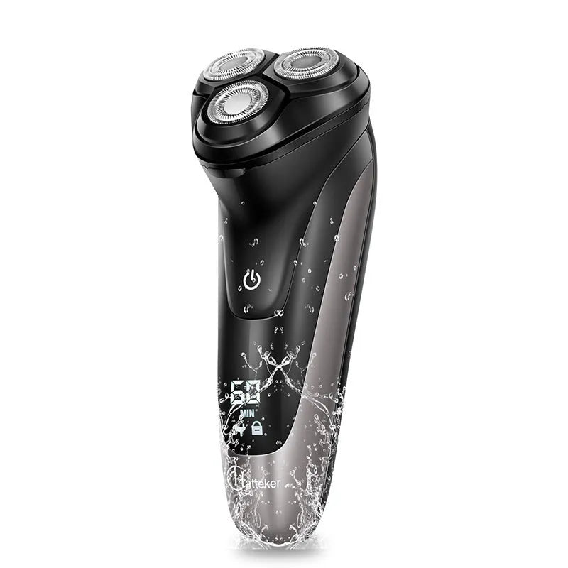 Men's electric shaver with three floating cutter heads and pop-up sideburn trimmer in grooming kit