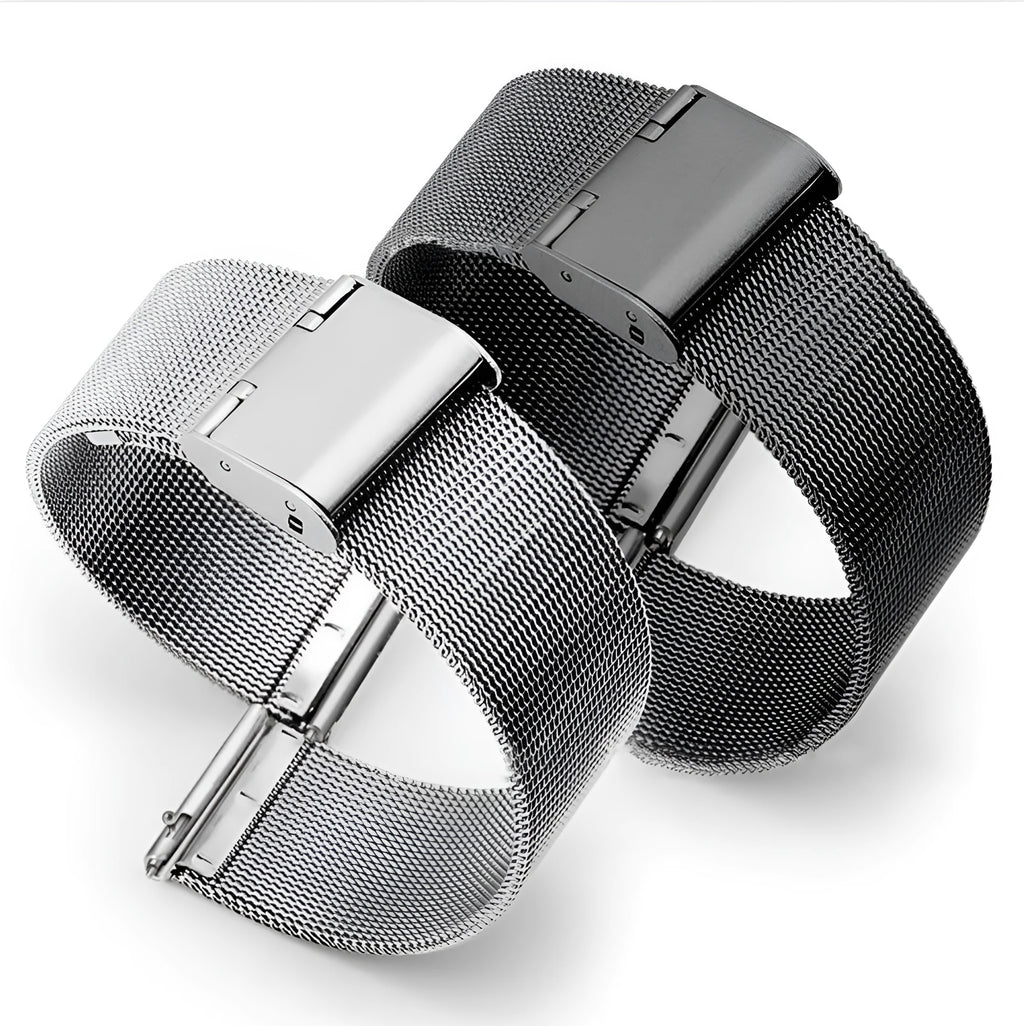 Milani silk woven stainless steel watch band in silver, shown alongside black, rose gold and gold colour options.