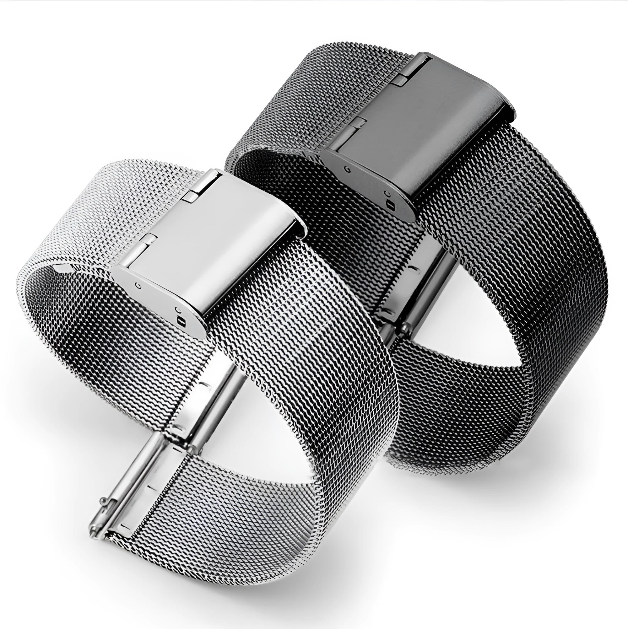 Milani silk woven stainless steel watch band in silver, shown alongside black, rose gold and gold colour options.