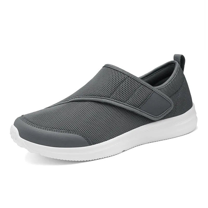 Unisex mesh walking shoes with Velcro fastening, flat heel, round toe, in black, grey, blue, or wine red, sizes 36-47