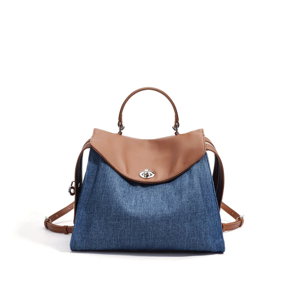 Blue denim Korean style lazy backpack with first layer cowhide trim clamshell opening