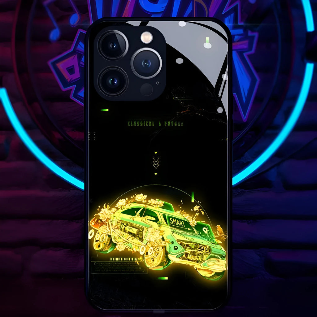 Luminous mechanical style iPhone case in tempered glass and TPU protective shell