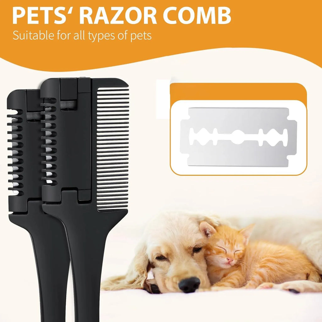 Pet razor comb with detangling teeth and replaceable blade for dog and cat grooming