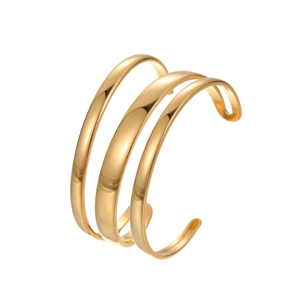 Geometric line stainless steel bracelet for women, showing gold electroplated and natural steel finish options