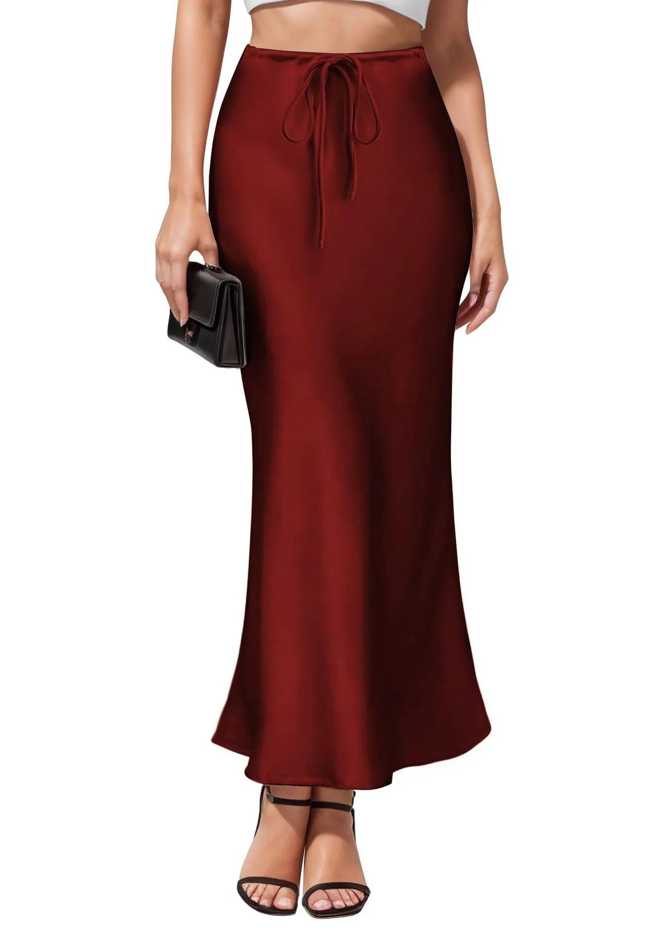 Asymmetric high-waisted acetate satin skirt in a solid colour with irregular stitching detail