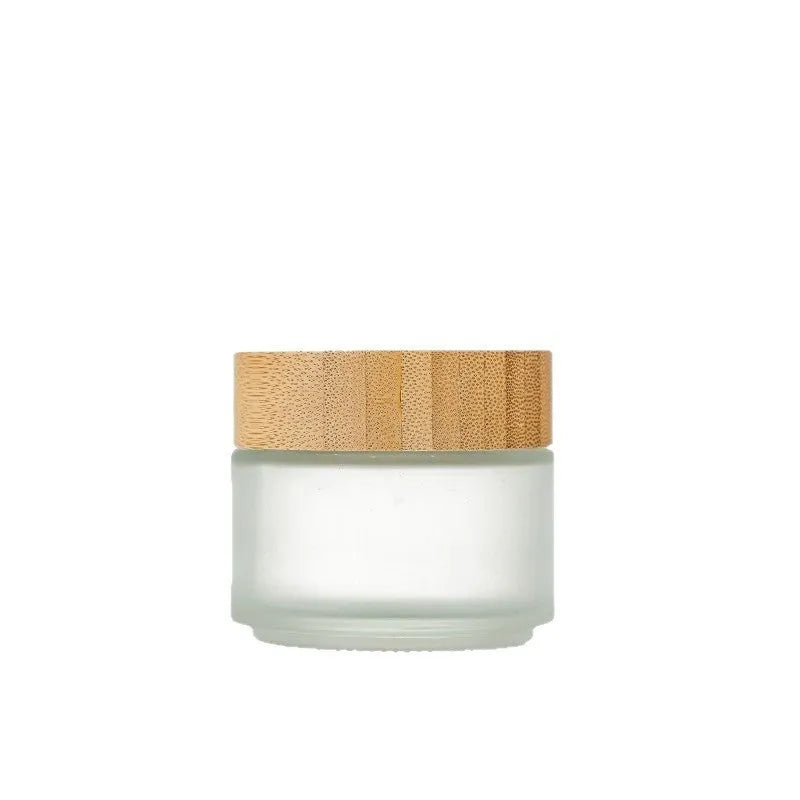 Bamboo wood cover frosted glass cream bottle with inner cushion, shown in transparent and frosted, 50g 60g 100g.