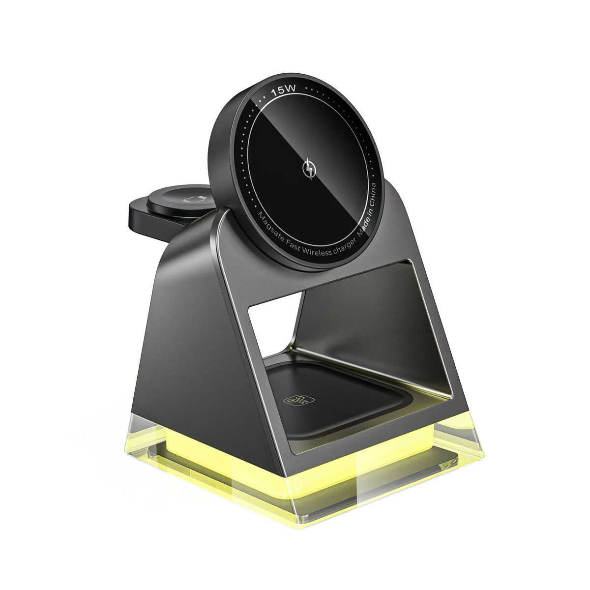 Touch Magnetic Three-in-one Wireless Charger in black plastic with USB cable