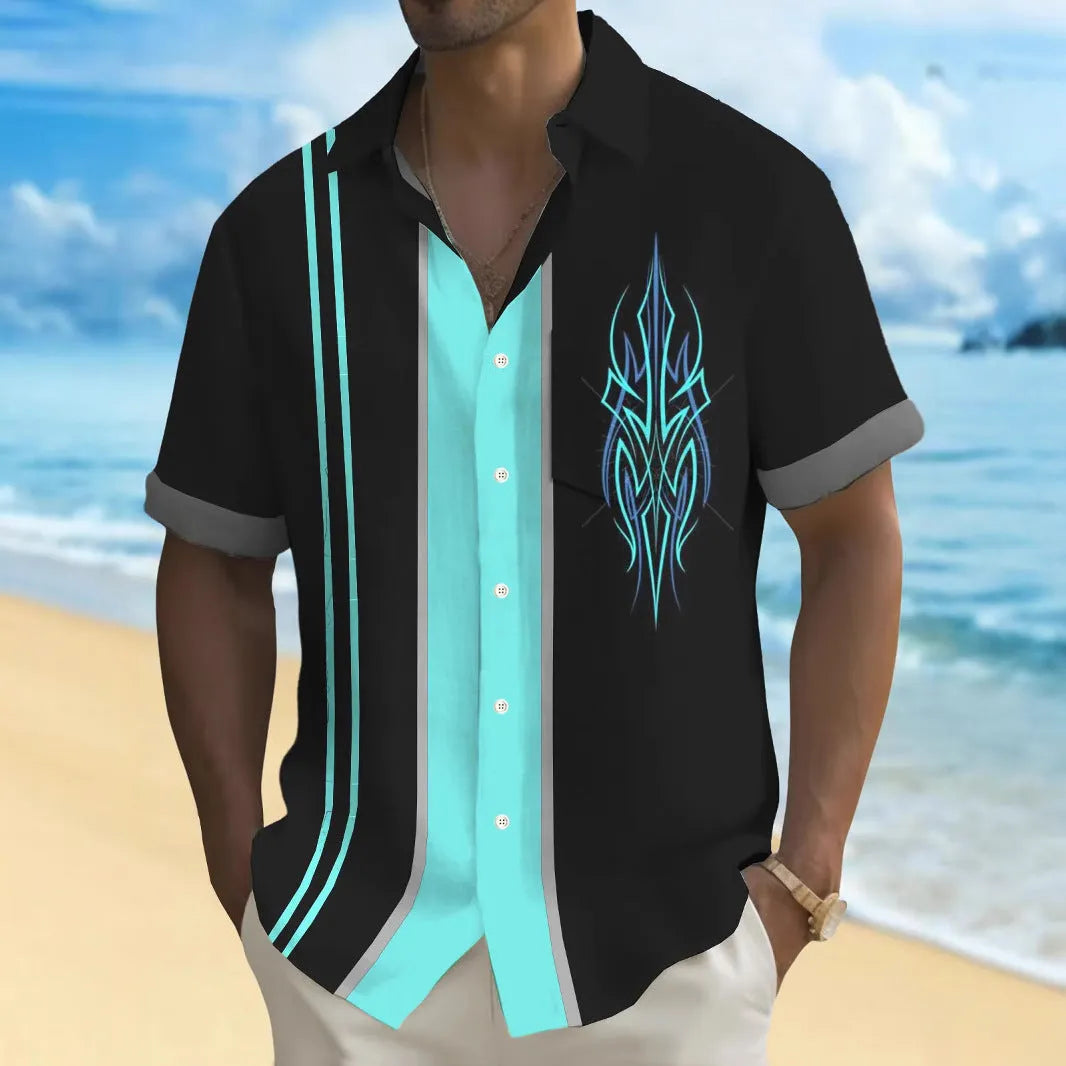 Men's multicolor printed loose leisure shirt in cardigan style showing Asian sizing options