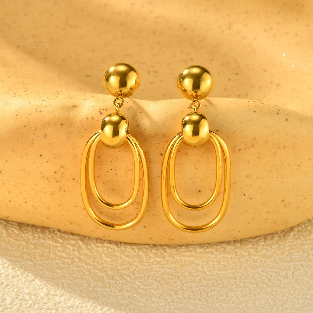 Women's gold vintage geometric earrings stainless steel oval coils round beads electroplated finish