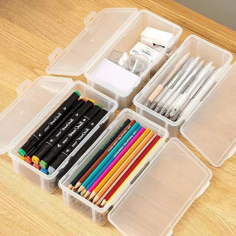 Transparent plastic stationery storage box for pencils, crayons, and drawing tools