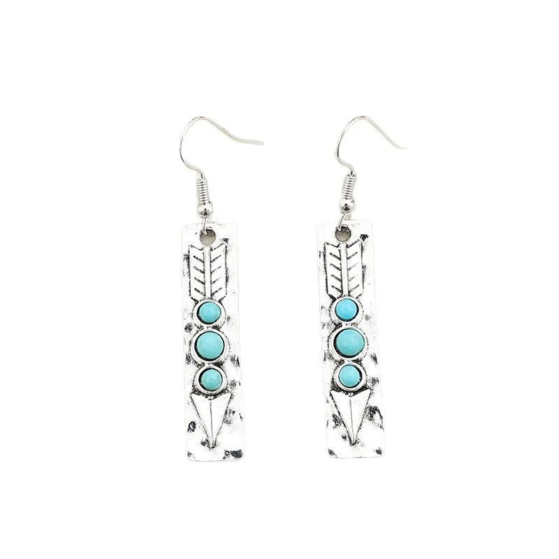 Silver geometric women's earrings with long strip design and inlaid turquoise detailing