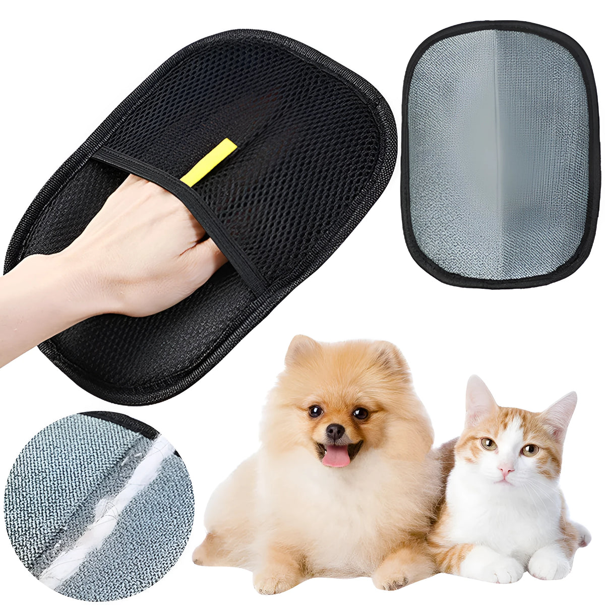 Black pet hair remover mitt glove with dual-sided silicone brush on breathable mesh material