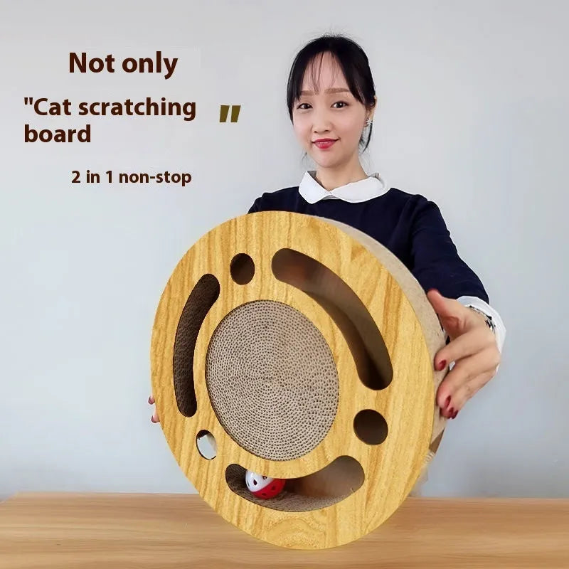 Corrugated paper cat scratch board with interactive ball in bullet plate style