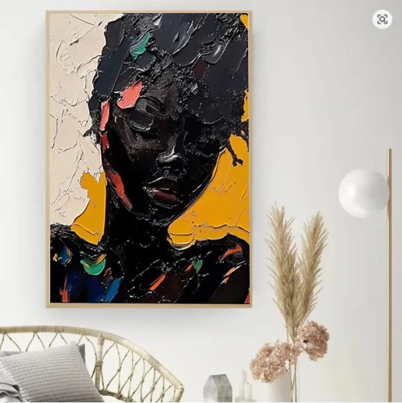 Hand-painted oil painting on canvas of an African woman in abstract graffiti street art style, vertical one-panel wall art.