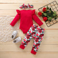 Baby girl long-sleeved alphabet romper suit, cotton three-piece set with top, pants, and ribbon, 70cm to 100cm.