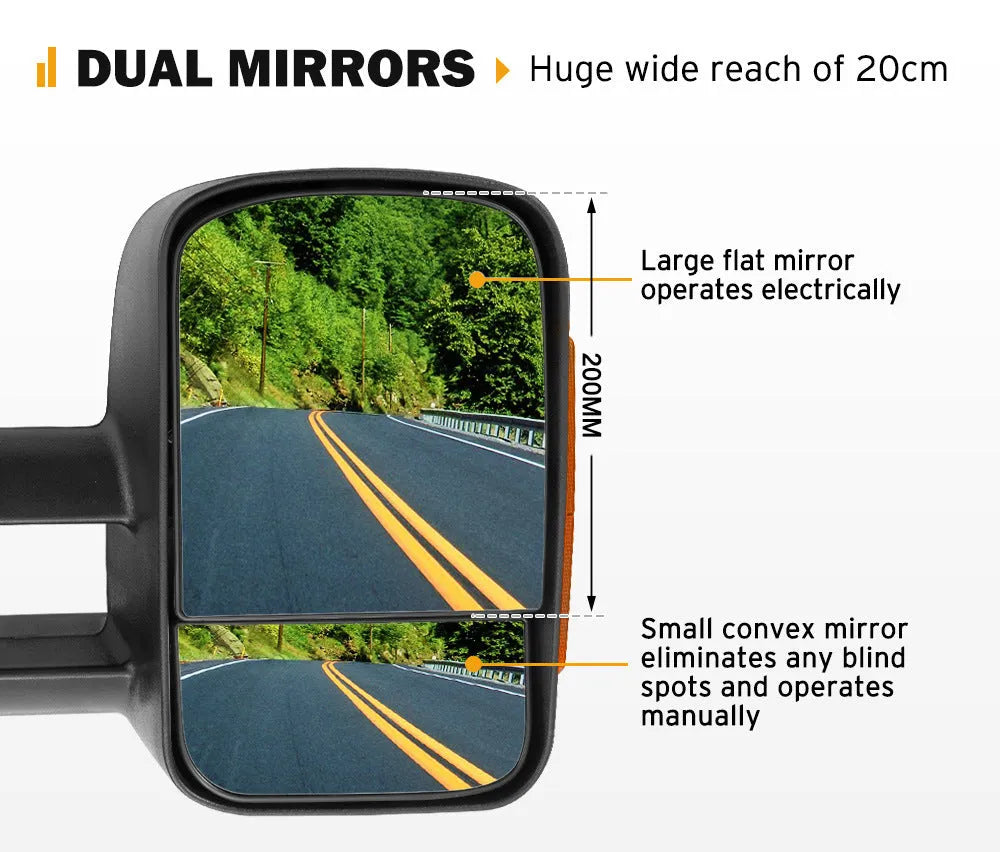 Black electric exterior rear view mirror for Nissan NP300 D23 2015+ with large vision glass and light.