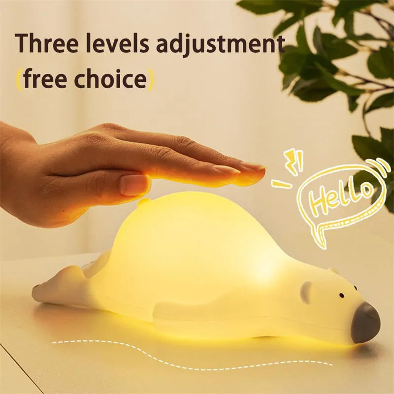 Cute bear silicone night light, 21cm wide, with three brightness levels and USB rechargeable battery, for kids bedroom