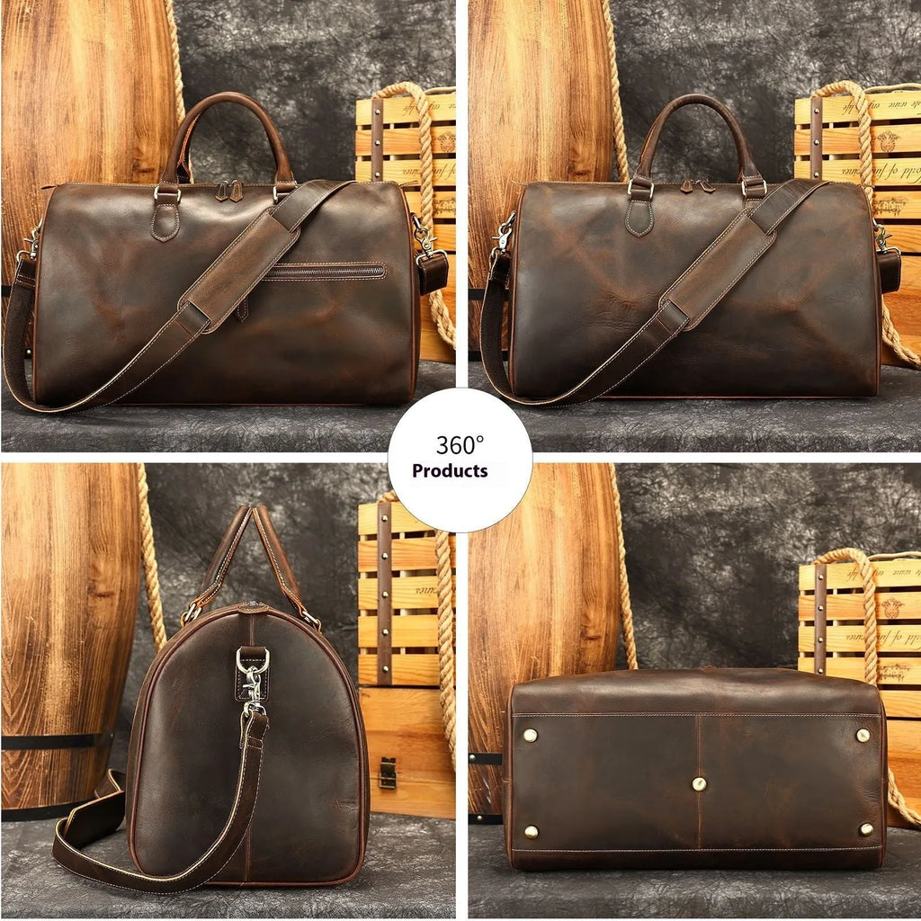 Men's vintage leather crossbody bag in four colours showing dimensions 48.3x25x29cm