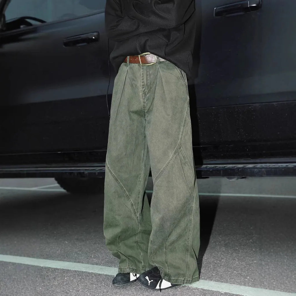 Men's pleated straight-leg trousers in a striped pattern, shown in apricot colour.