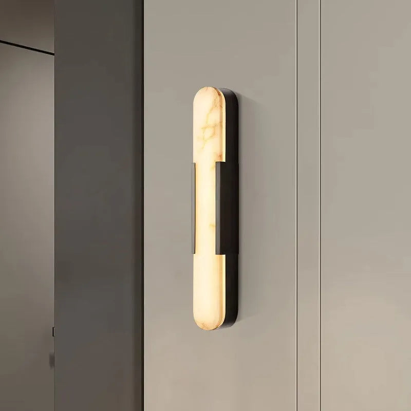 Modern natural marble stone wall lamp with iron body, LED warm light, black or gold, Style B 35cm