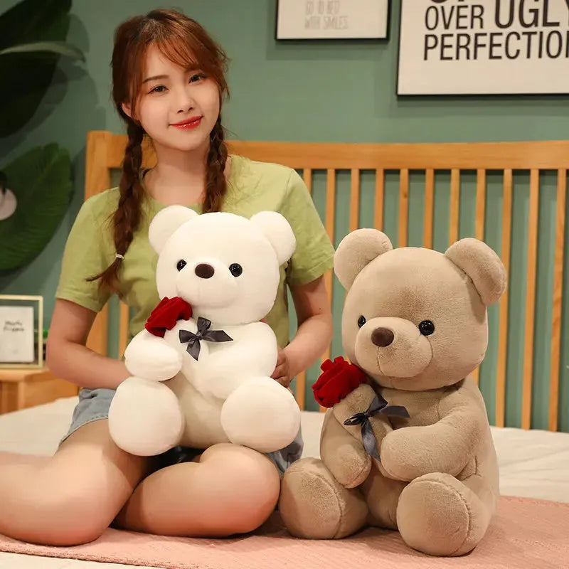 Rose bear plush doll in beige, brown, or grey colour with soft short plush fabric and cartoon design