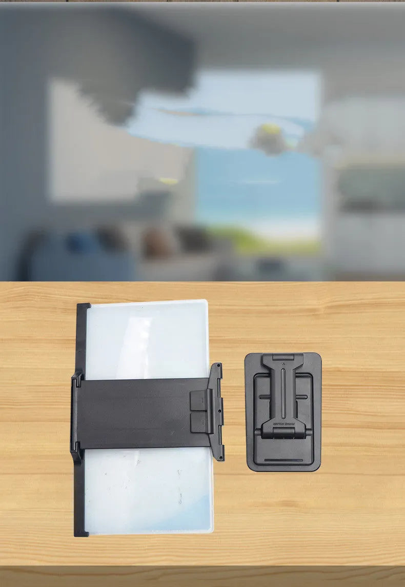 Black 12-inch curved mobile phone screen amplifier with detachable holder, shown folded and unfolded.