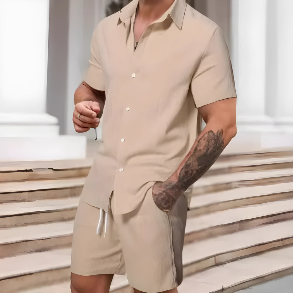 Men's striped print short sleeve shirt and shorts set in polyester, street style spring outfit, sizes S to 5XL
