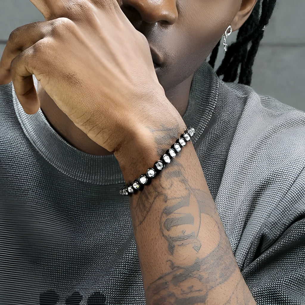 Black ceramic and steel bracelet with diamond-studded detail, 7mm wide, 18cm or 20cm length