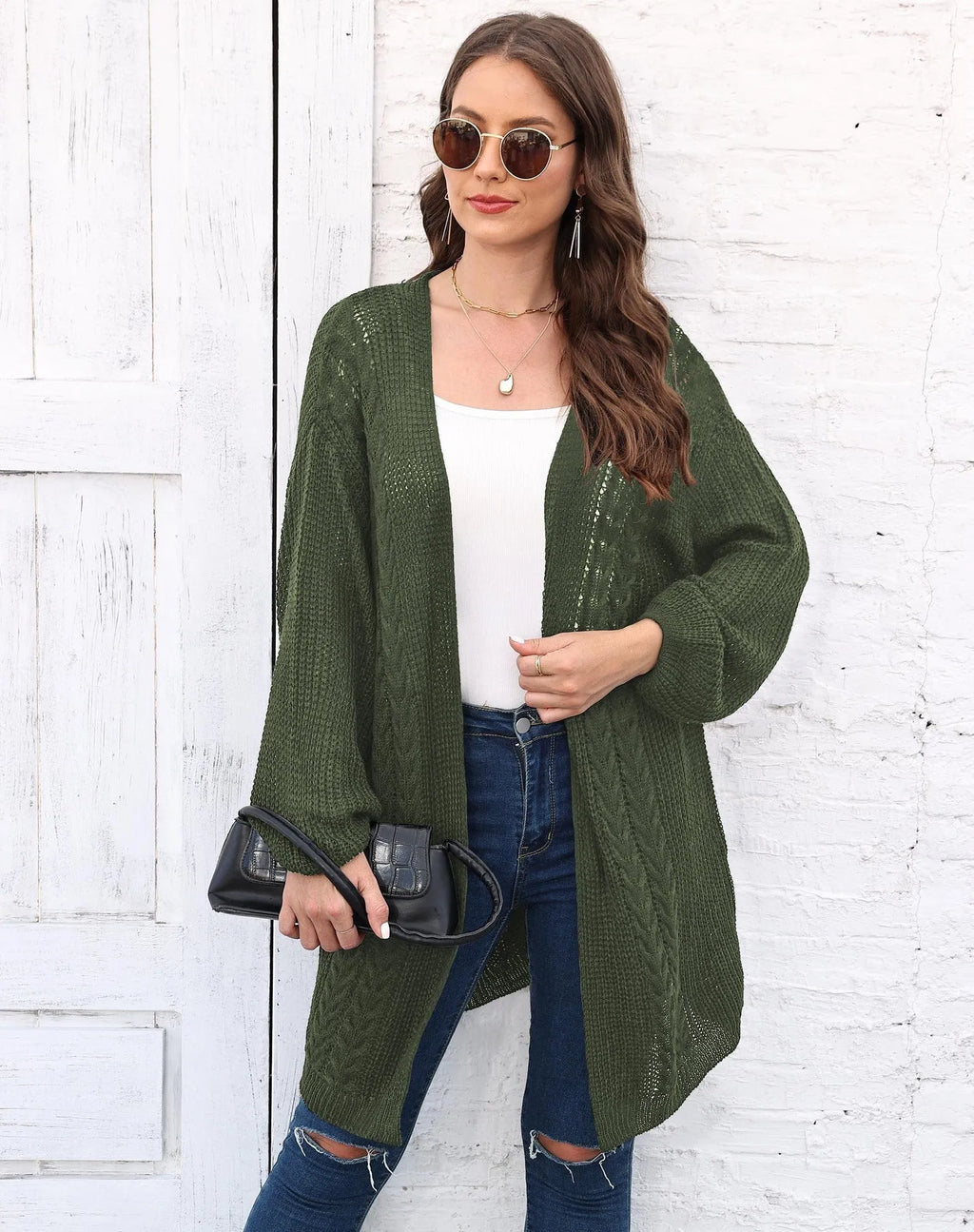 Women's loose acrylic cardigan in army green colour showing front view