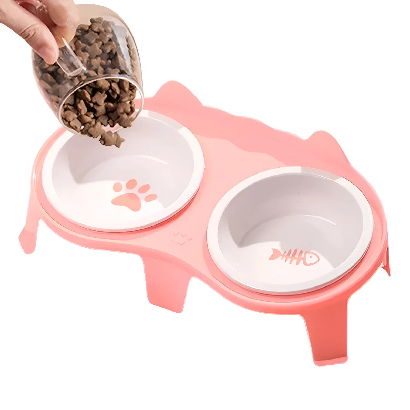 Blue ceramic cat food and water bowl set on a white elevated stand with a storage hook.