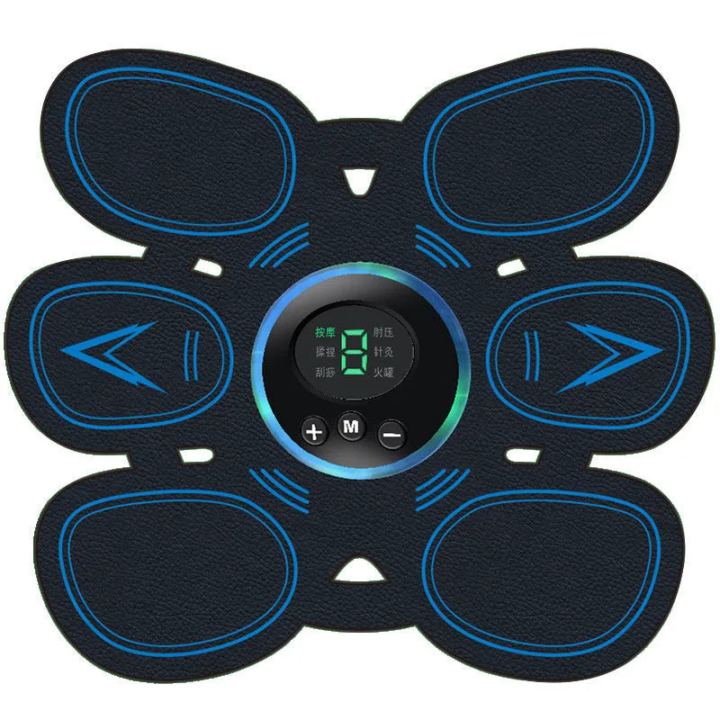 Black home exercise muscle stimulator set with three host units, 190x170mm abdominal patch, and USB charging cable