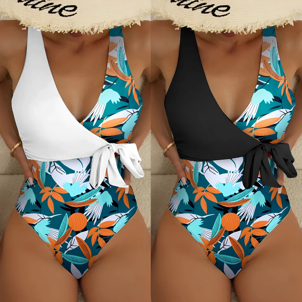 Women's high-waist one-piece bikini in printed polyester fabric