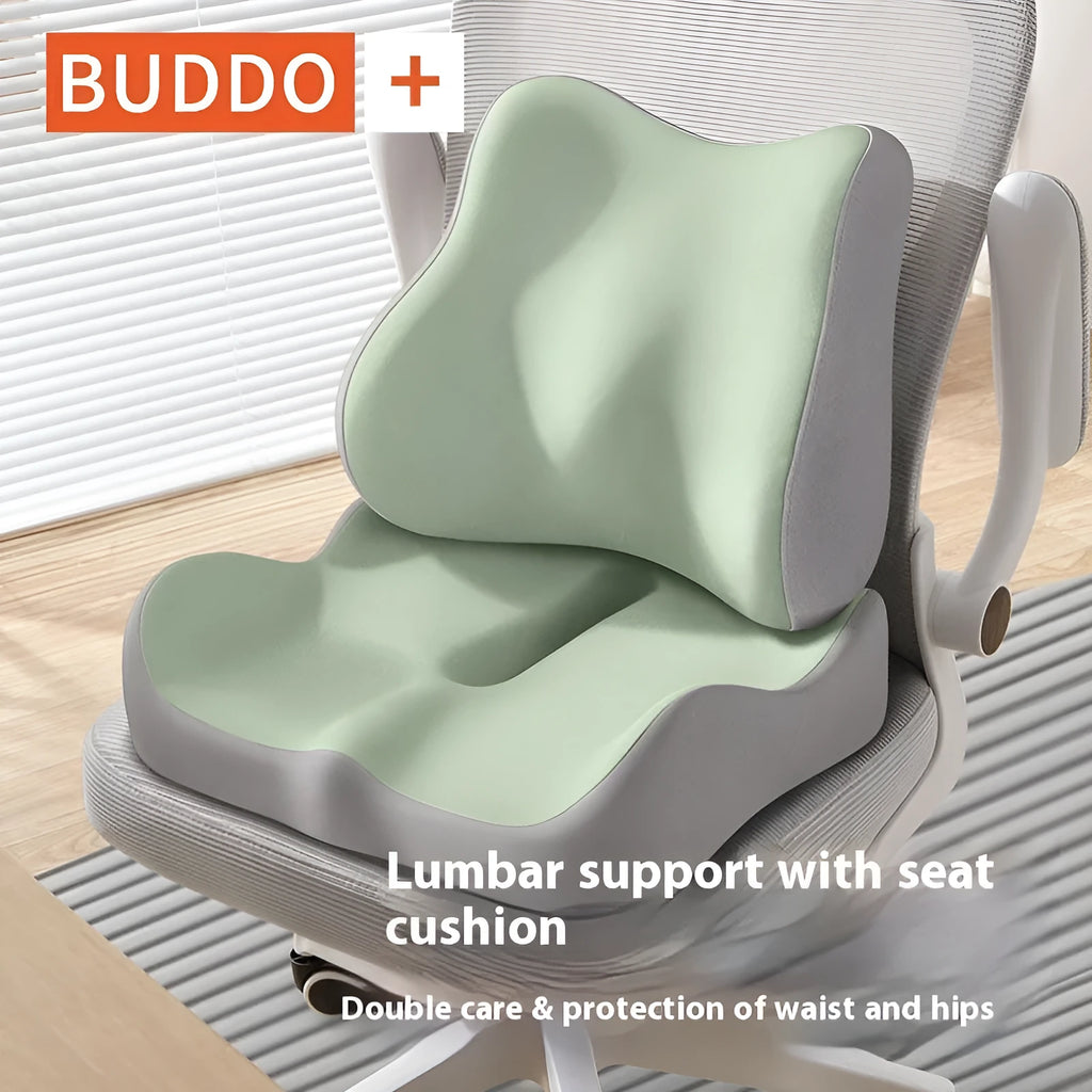 Memory foam office seat cushion in a volunteer fabric cover, shown in a blue and grey colour combination.