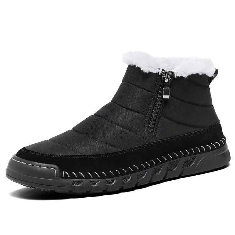 Men's plus size winter snow boots in green with round toe, flat heel, and a non-slip rubber sole.
