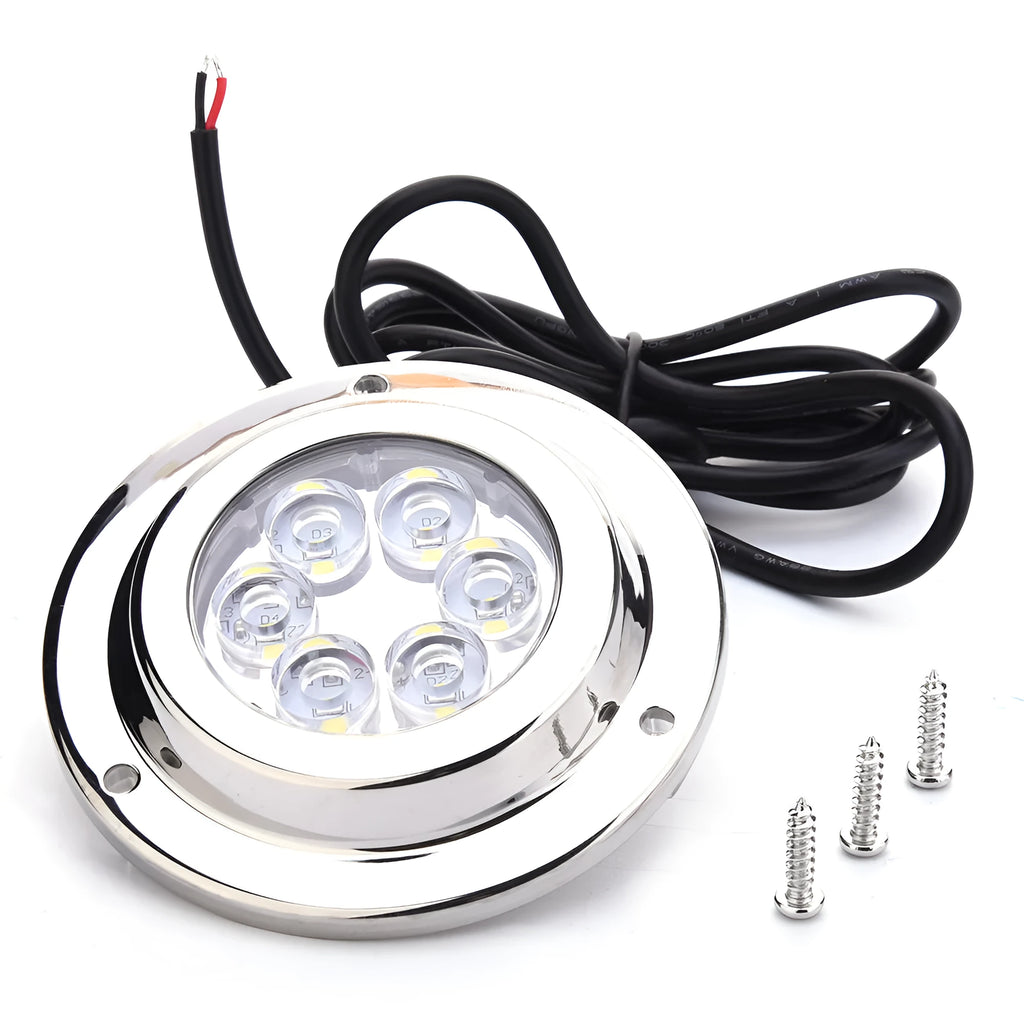 Stainless steel underwater light for yacht, 12V DC, 6 x 3W white LEDs, IP68, 92.8mm diameter.