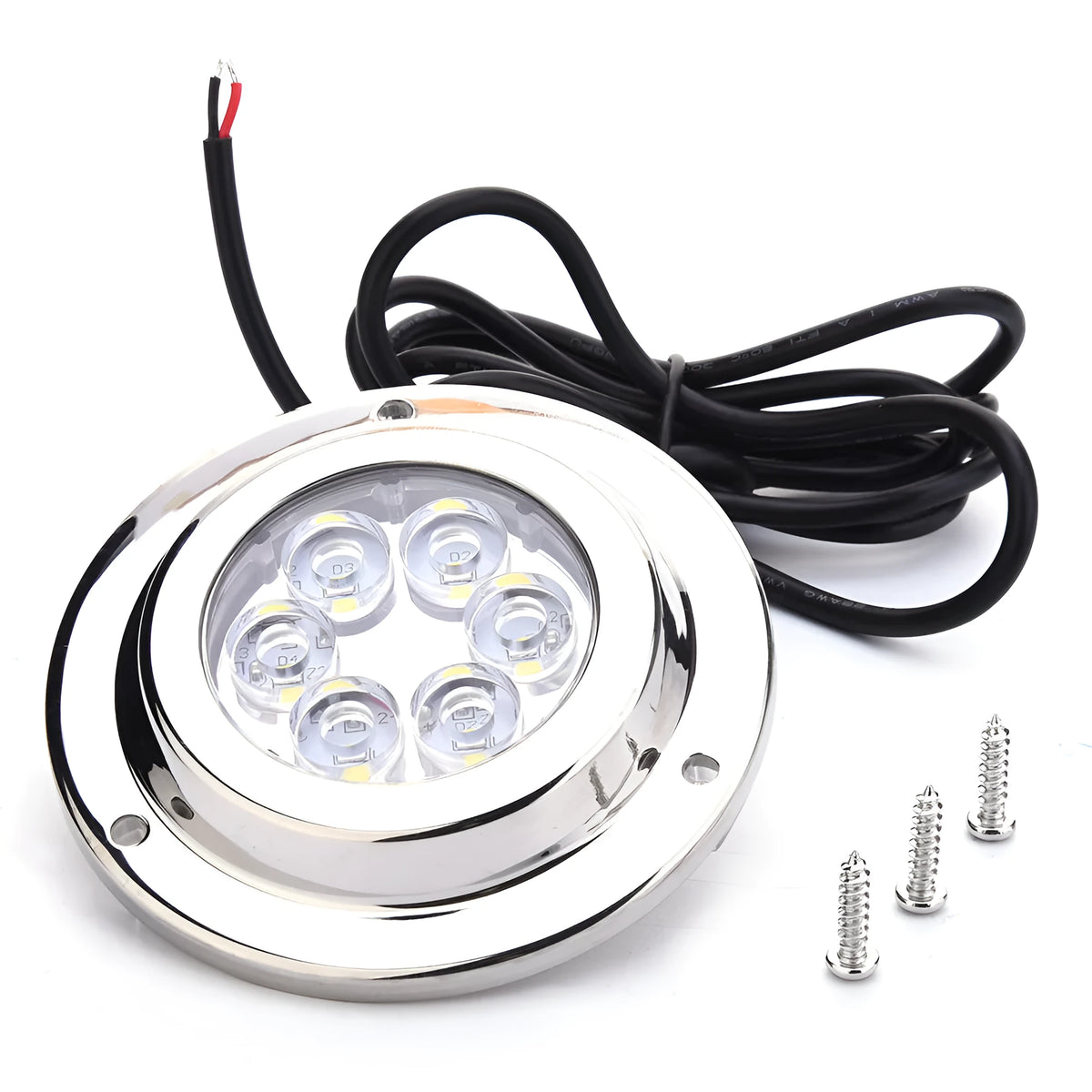 Stainless steel underwater light for yacht, 12V DC, 6 x 3W white LEDs, IP68, 92.8mm diameter.