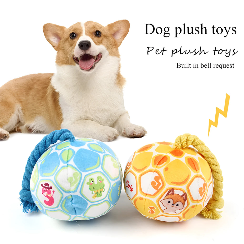 Blue and yellow dog football tug toy with cotton rope ball and cartoon face design