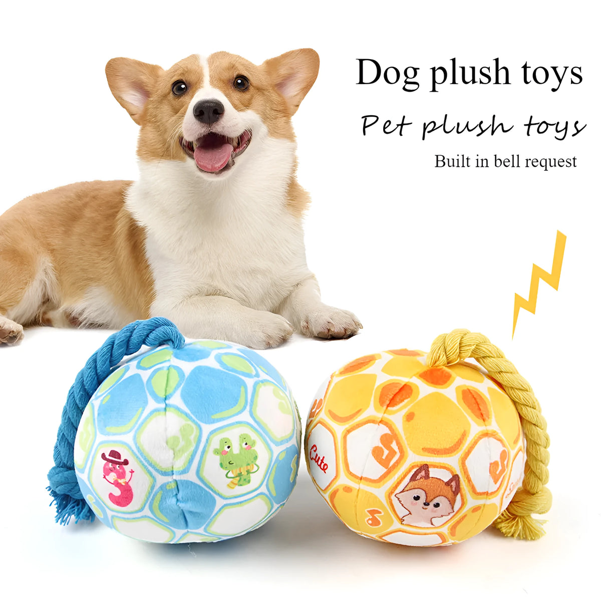 Blue and yellow dog football tug toy with cotton rope ball and cartoon face design