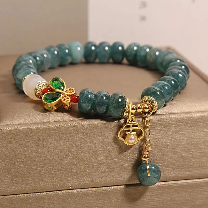 Blue water jade beads crystal bracelet with alloy inlay and abacus design elements