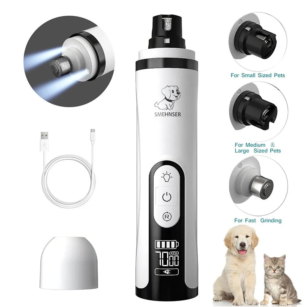 Electric dog nail grinder with LED indicators showing 3-speed settings and dust collection port