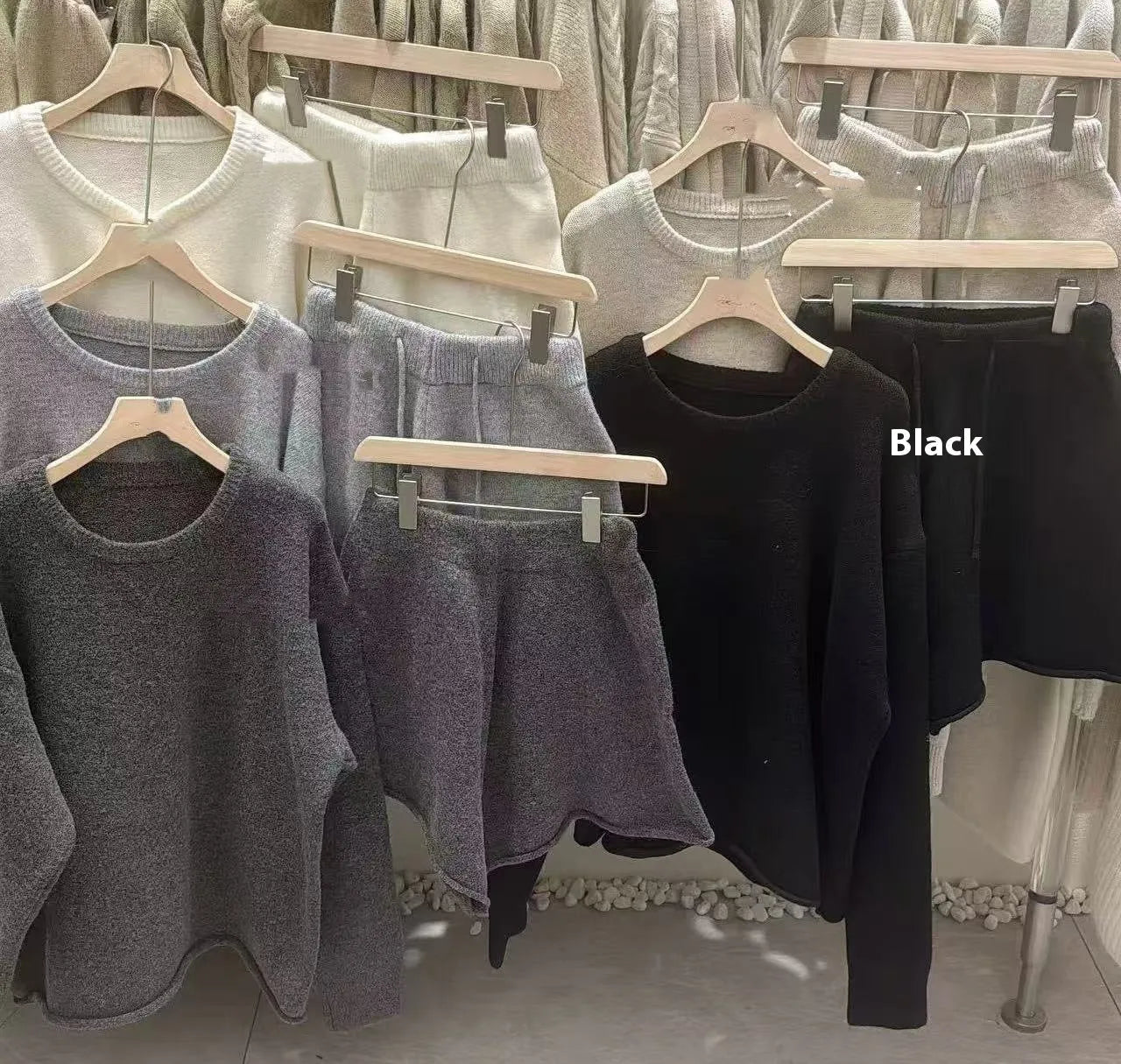 Women's loose-fitting long sleeve sweater and knitted wide leg shorts two-piece set in neutral colours