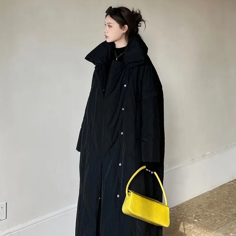 Women's mid-length winter coat in black or grey, loose Korean style zip jacket with conventional sleeves