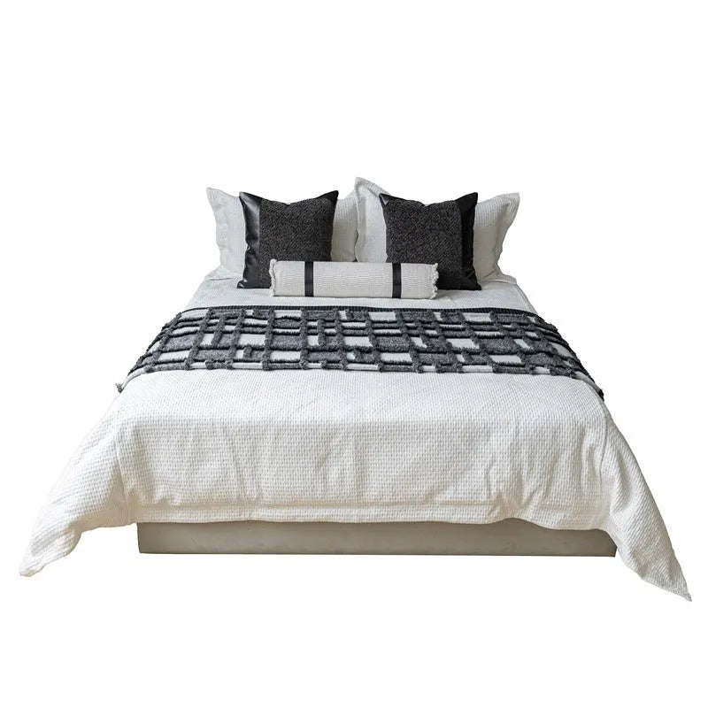 Modern grey and white plaid bed runner blanket set with pillow on 1.5m bed
