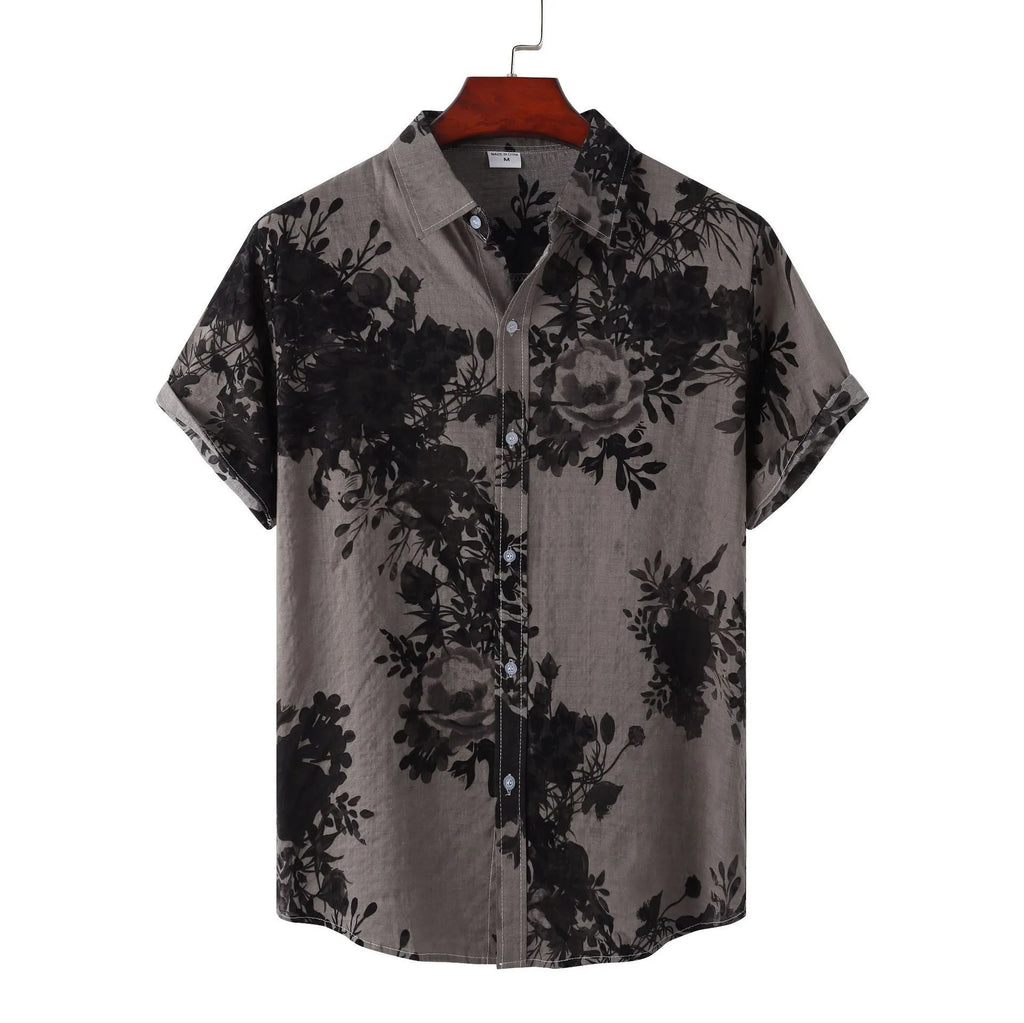 Men's floral lapel shirt in cotton, shown in grey, khaki, yellow and burgundy, sizes M to 3XL